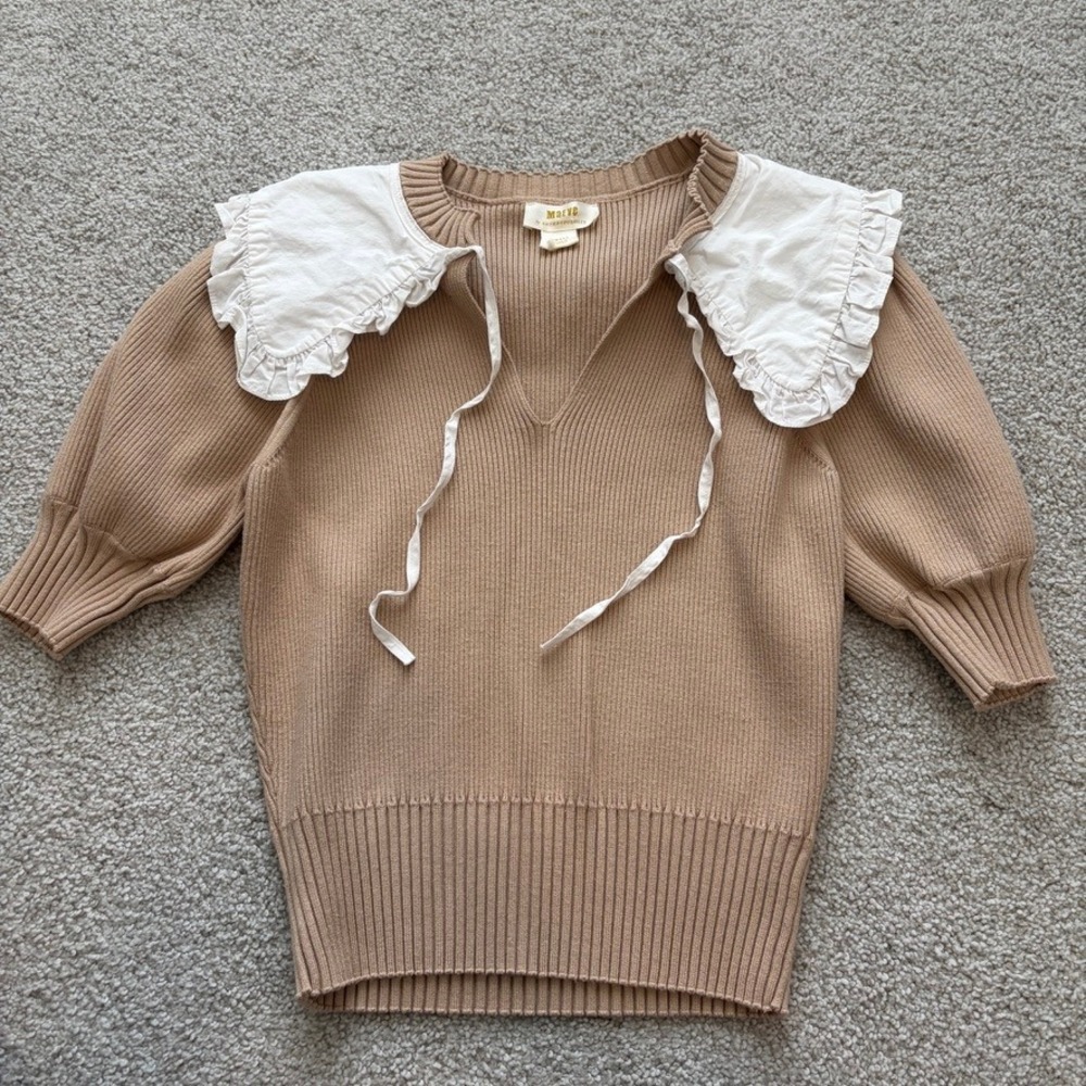 Maeve Anthropologie Poplin Collar Ribbed Knit Sweater Womens S Tan Cottage Retro